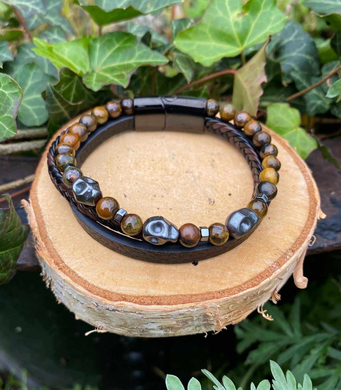 Bracelet Cuir Noir et Pierres