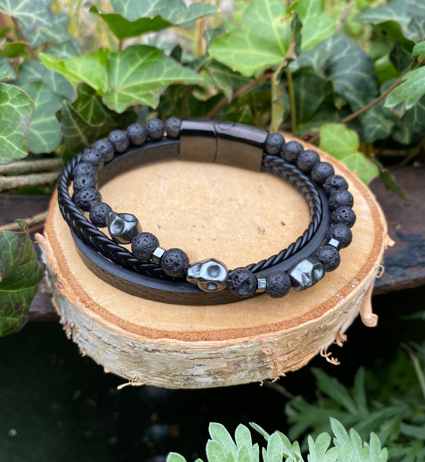 Bracelet Cuir Noir et Pierres