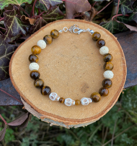 Bracelet Skulls Oeil de Tigre et Os